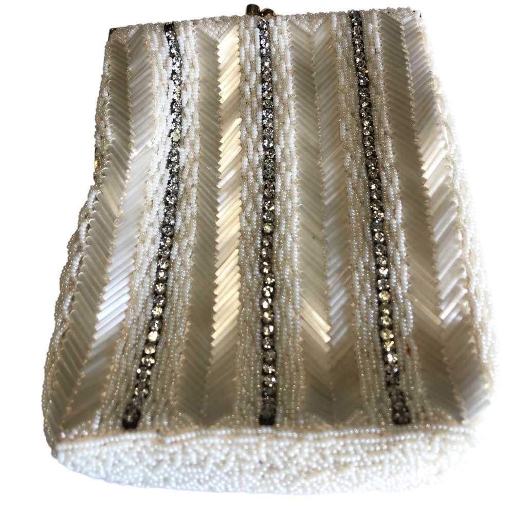 Vintage Hand Ivory Beaded Evening Clutch with Crystal Stripe Detail. 7” X 5”Exc.